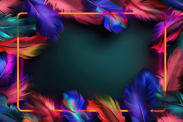 Fototapeta na wymiar A neon frame with feathers on a dark background.