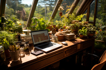 Fototapeta premium Green Oasis Glass-Encased Office Filled with Lush Plants