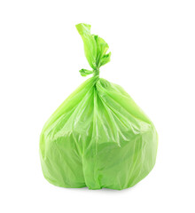 Green plastic garbage bag isolated on white