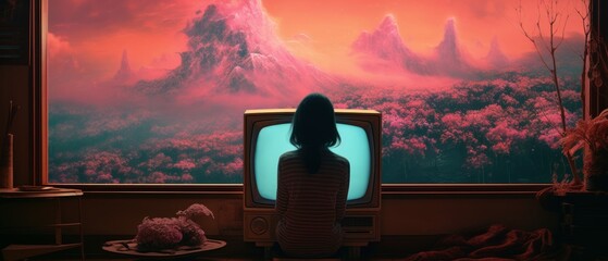 Retro illustration of a woman alone watching TV at night in a living room