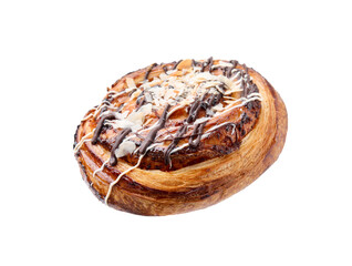 One delicious roll with almond flakes and topping isolated on white. Sweet bun