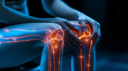 Digital Depiction of Severe Knee Joint Pain. hands cradling the area of discomfort, highlighting osteoarthritis and bone injury - obrazy, fototapety, plakaty