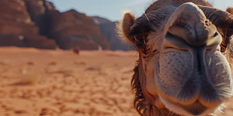 Fototapeten Close-up of a camels face, with its long eyelashes and calm demeanor, set against the backdrop of a shimmering desert , concept of Serenity © koldunova