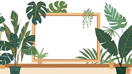 simple cartoon doodle, adorable empty frame, houseplants, isolated on white 