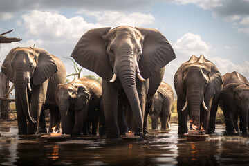Drinking herd of Elephants. - obrazy, fototapety, plakaty