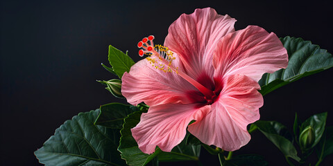 A pink hibiscus flower with green leaves. floral wallpaper