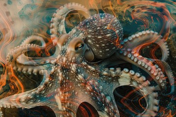 Fototapeta premium A close-up of an octopus overlaid with the swirling patterns of ocean currents in a double exposure