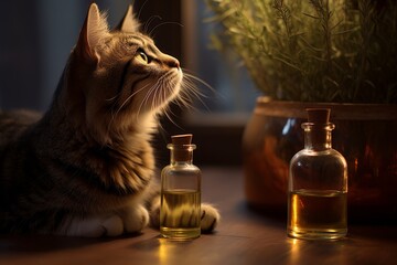 Cat relaxes by cbd oil bottle, promoting pet health and natural remedies with cannabis extract. - obrazy, fototapety, plakaty