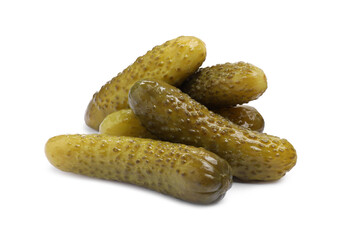 Pile of tasty pickled cucumbers isolated on white