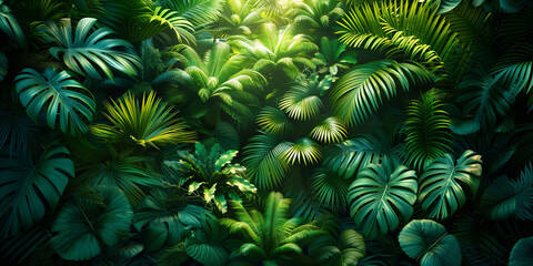 the richness of tropical vegetation, where dark green monstera, palm, coconut, fern, and banana leaves dominate.