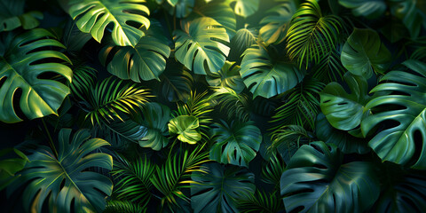 vibrant backdrop of tropical green leaves, especially monstera