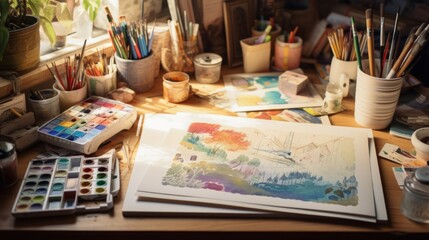 Close-up of illustrator's workspace with watercolors and character designs - obrazy, fototapety, plakaty