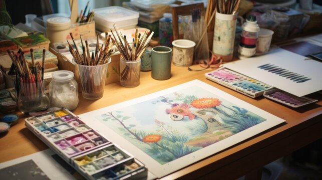Illustrator's table covered in sketchbooks and watercolor palettes