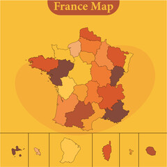 National map of France map vector with regions and cities lines and full every region