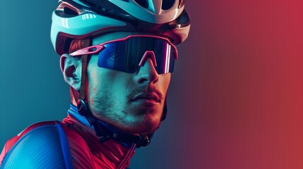 Close-up portrait of a male cyclist with helmet and sunglasses, featuring intense red and blue lighting.
