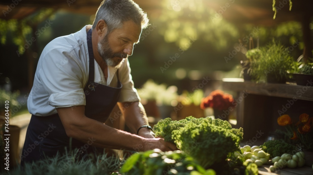 Poster Chef in sunlit garden vibrant vegetables and herbs in focus