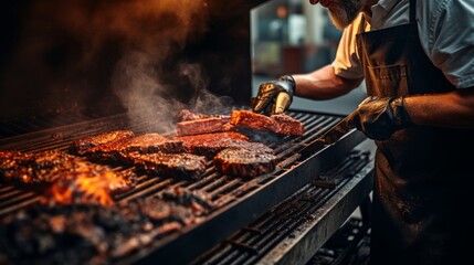 Barbecue pitmaster with smoking ribs rustic tools in hand - obrazy, fototapety, plakaty