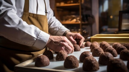 Expert chocolatier decorating truffles with shop's display case - obrazy, fototapety, plakaty