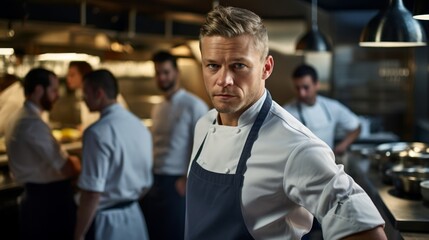 Celebrity chef in action managing kitchen and gourmet dishes