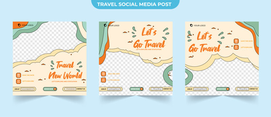 Fototapeta na wymiar Set of travel and adventure holiday sale social media post template web banner flyer or poster for tourism agency business offer promotion design