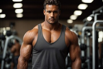Muscular Man in Gray Tank Top at Gym. Generative AI. - 746605633