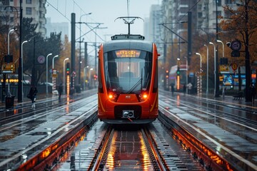 A vivid image capturing a red tram gliding along the wet tracks with city buildings in the backdrop, reflecting city life on a rainy day