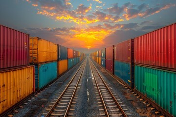 Cargo containers in vibrant colors create a symmetrical perspective along railway tracks under a majestic sunset - obrazy, fototapety, plakaty