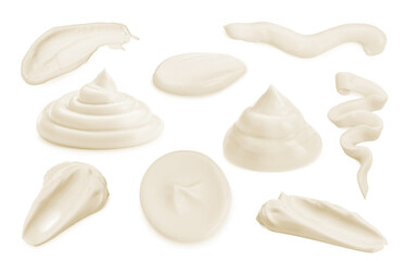 Tasty mayonnaise sauce isolated on white, set