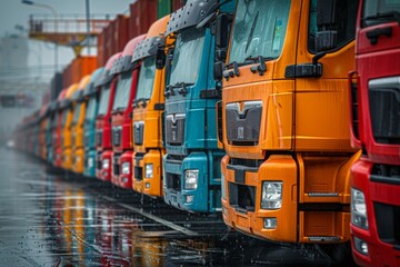 Row of multi-colored semi-truck cabs parked in a rainy industrial lot, illustrating logistics and goods transportation