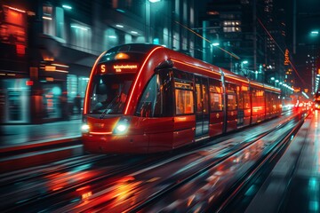 Red high-speed tram smoothly glides through city streets adorned with vibrant lights and reflections at night