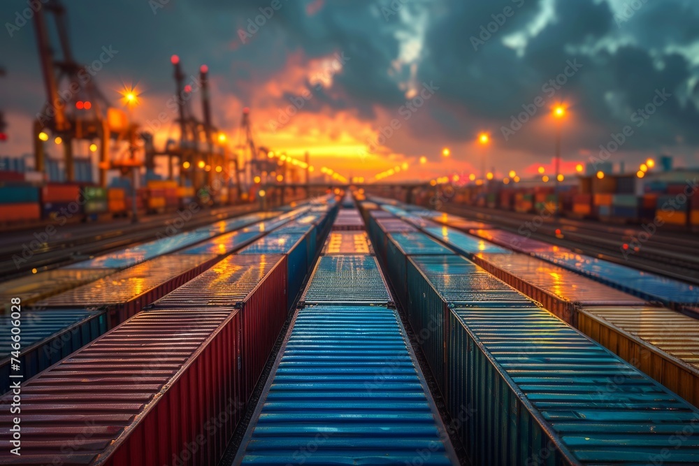 Aufkleber an array of multicolored shipping containers stacked under a vibrant sunset sky at a commercial dock