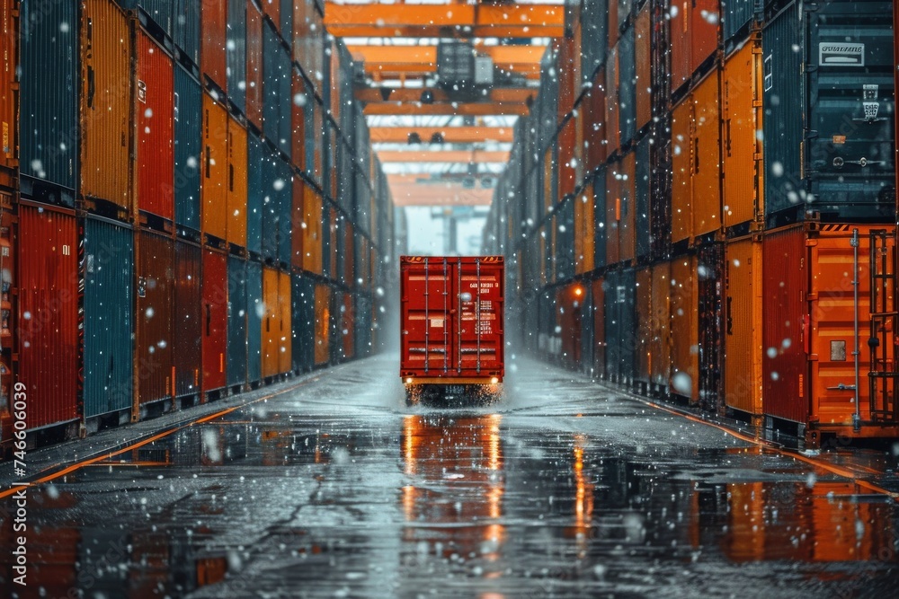 Poster a stark contrast of a red shipping container against multicolored containers in a snowy industrial p
