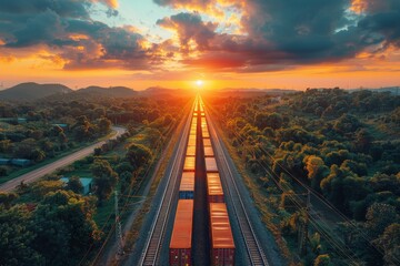 A colorful container freight train travels through a lush green landscape at sunset, displaying logistics and nature's beauty