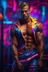 Muscular Shirtless Man Flexing His Muscles. Generative AI. - 746606011