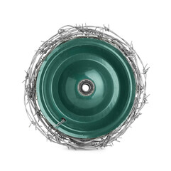 Coil of metal barbed wire isolated on white, top view