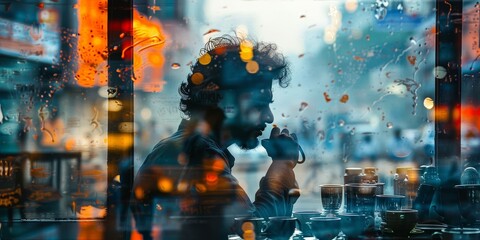 An Indian man, his hair dark and distinguished, immerses himself in a serene coffee moment within a double exposure image. - obrazy, fototapety, plakaty