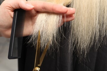 Hairdresser cutting client's hair with scissors in salon, closeup