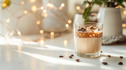 Cocoa on alternative milk with date paste and bran in glass on white table with ingredients. Delicious natural cocoa drink with grated chocolate and milk in glass. Side view, copy space. Recipe, menu - obrazy, fototapety, plakaty