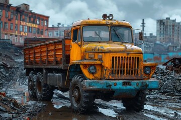 An old, yellow, rugged truck stands out in the wasteland, highlighting the concepts of endurance and past glory