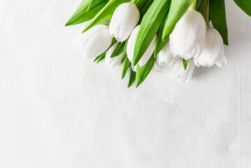 fresh bouquet of white tulips with lush green leaves on white textured surface, Mothers day or Women's day. Top view with copy space Floral composition Romantic background - 746606413