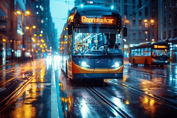 A city tram is captured in sharp focus against the blurred lights of the urban environment in the evening