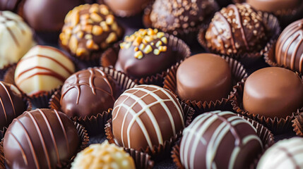 delicious chocolate pralines. Close up. Chocolate background. Assortment of fine chocolates in white, dark and milk chocolate. Chocolatier, confectionery, candy store