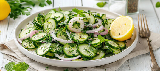 onion and cucumber salad with fresh mint leaves, dill and lemon on a white plate - obrazy, fototapety, plakaty