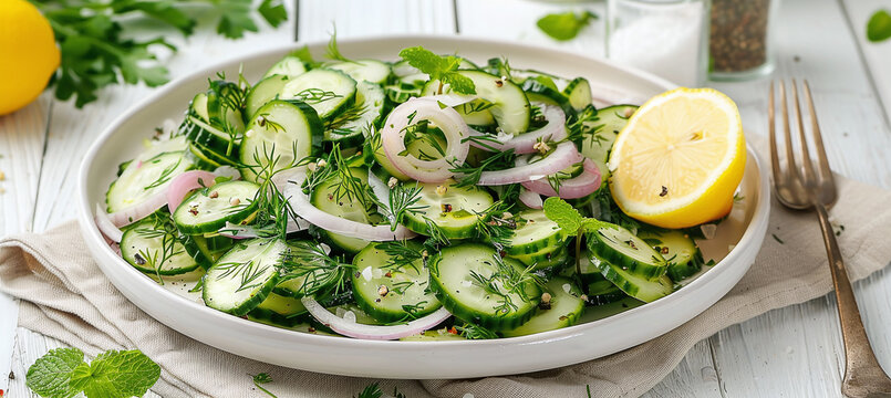 onion and cucumber salad with fresh mint leaves, dill and lemon on a white plate