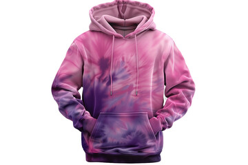 a pink and purple tie-dye hoodie with a drawstring and a kangaroo pocket isolated on transparent background, png file