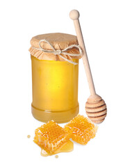 Natural honey in jar, wooden dipper and pieces of honeycomb on white background