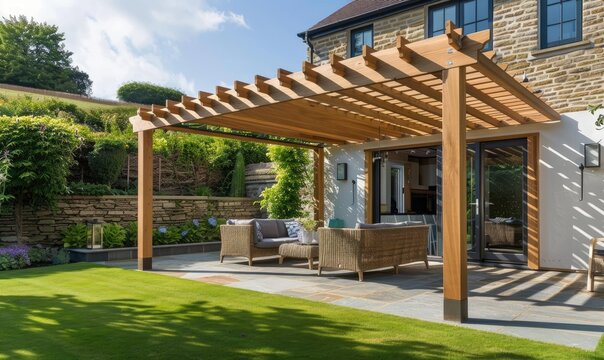 A pergola in the courtyard of a house, with garden furniture