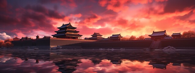 Naklejka premium sightseeing in the forbidden city with train ticket, in the style of pastel dreamscapes, dark orange and light navy, golden light, sunrays shine upon it, light turquoise and purple
