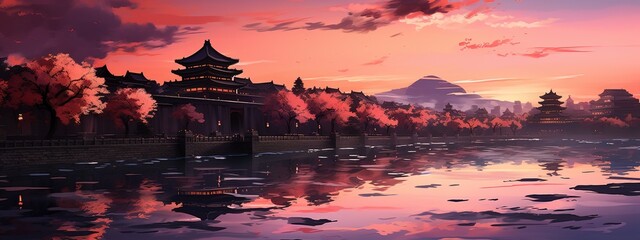 sightseeing in the forbidden city with train ticket, in the style of pastel dreamscapes, dark orange and light navy, golden light, sunrays shine upon it, light turquoise and purple - obrazy, fototapety, plakaty
