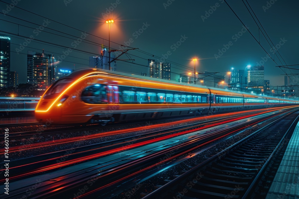Aufkleber a long exposure captures the motion of a modern train whizzing through an urban setting with skyscra